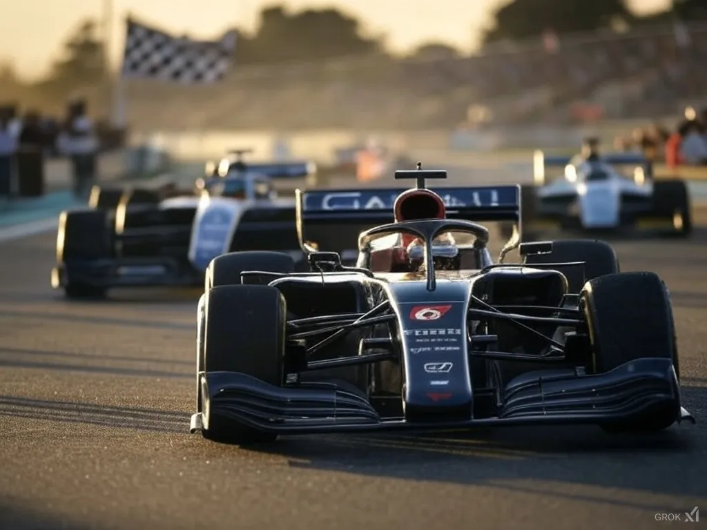 Three Formula 1 racing cars behind the checkered flag