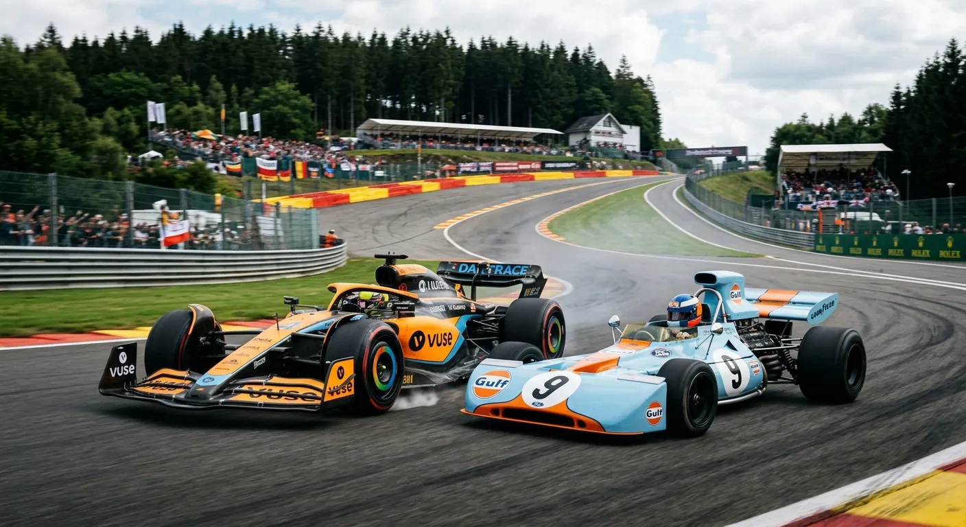 A modern papaya-orange McLaren racing wheel to wheel with a classic 1970s Gulf-liveried Formula 1 car through Spa-Francorchamps